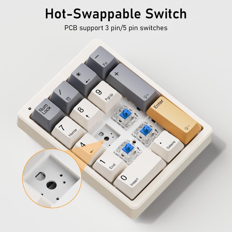 Kisnt Mechanical Number Pad,Hot Swappable Numpad Wired USB 17 Keys Keypad White Backlit Numeric Keypad with PBT Keycaps for Laptop PC Compact Keyboards(Retro Beige, Blue Switch) - Image 2
